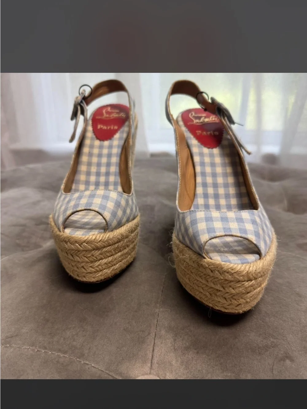 Christian Louboutin Gingham Wedge Espadrille Sandals - Light Blue/White